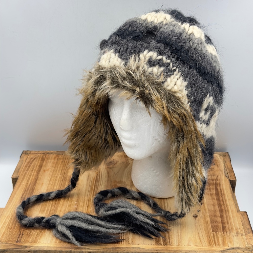 American Eagle Trapper Hat Gray Wool Alpaca Knit Faux Fur Y2K OS Winter Beanie